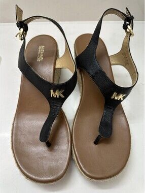 Michael Kors Laney Pale Black Gold Leather Espadrille Thong Wedge Womens Size 8